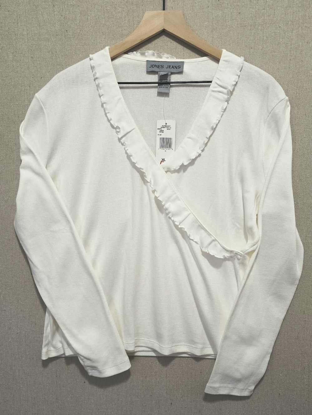 Jones Jeans White Ruffle Trim Wrap Neck Cotton Long Sleeve Top XL NWT